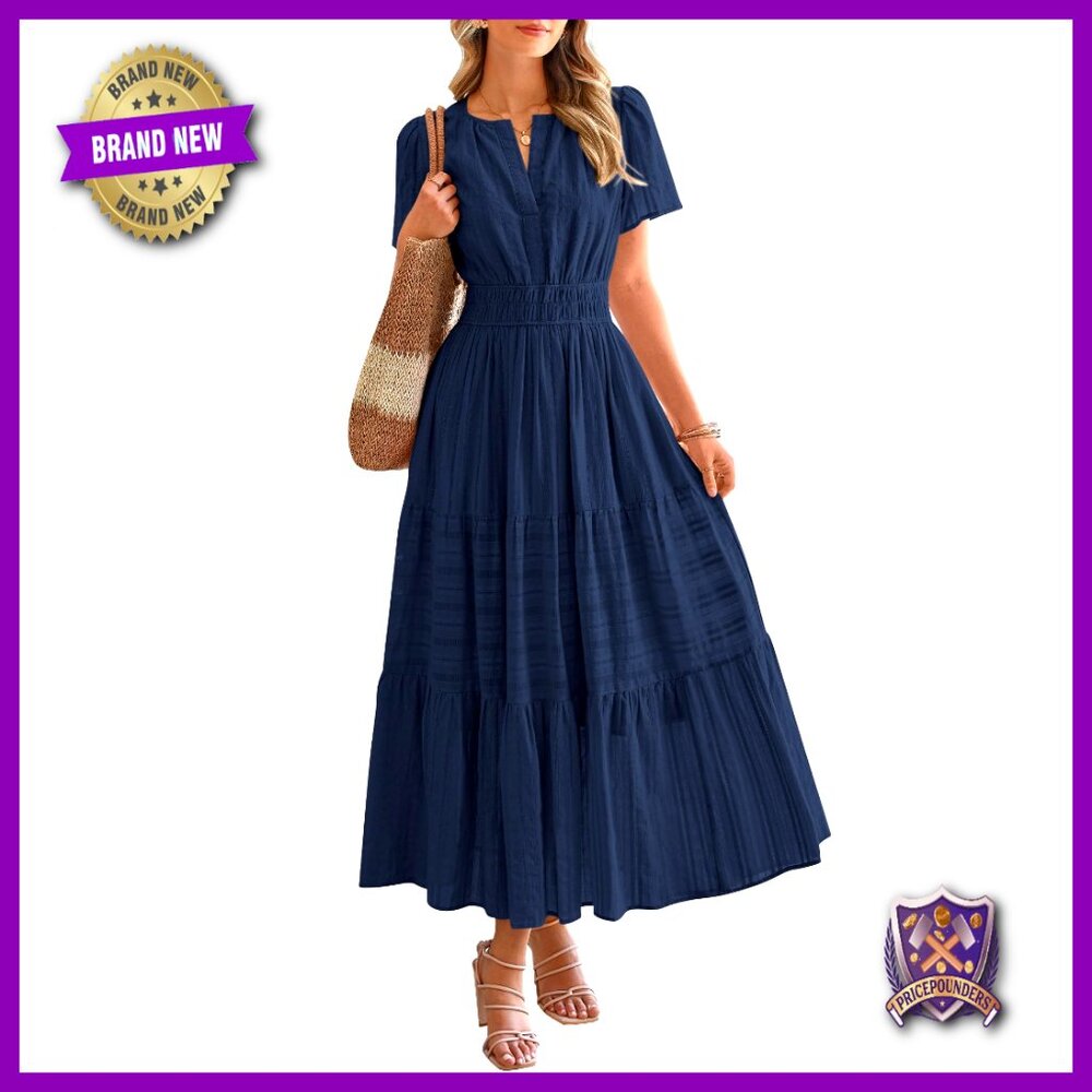 Lightweight Midi Maxi Dress with Pockets, V-Neck, Elastic Waist